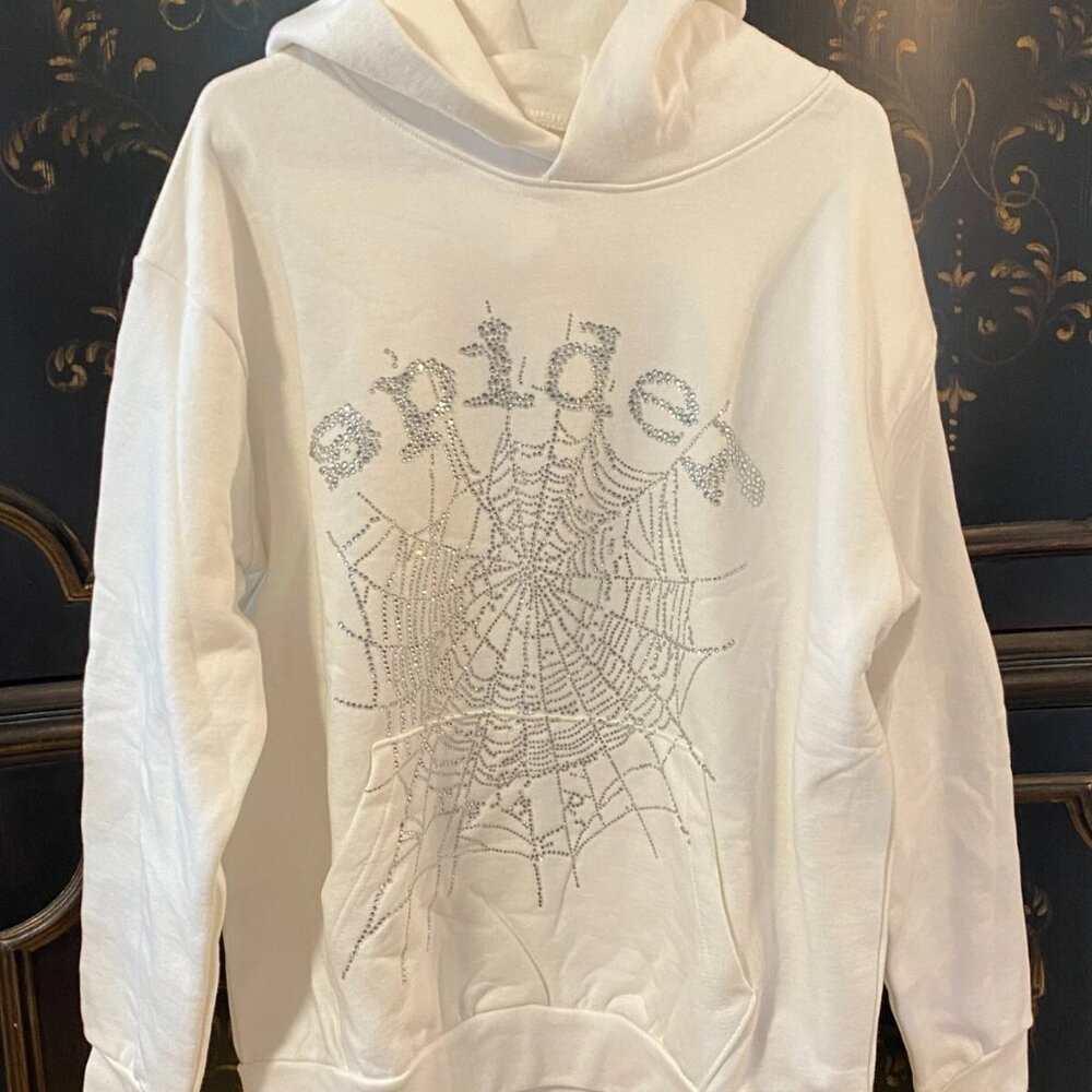 $284 Sp5der Young Thug OG Rhinestone Logo Unisex Hoodie | White | L